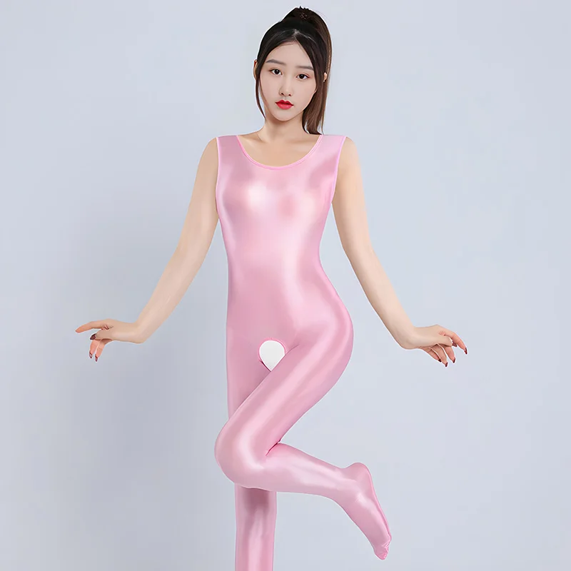Seksi Yağ Parlak Parlak Backless Bodysuit kadın Açık Kasık Kolsuz Tulum Saten Pürüzsüz Tayt Tek Parça Leotard Catsuit