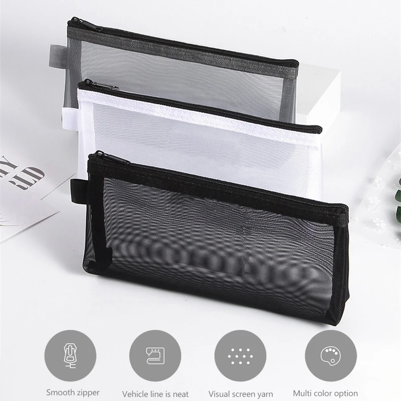 1Pc Clear Mesh Pencil Case Stereoscopic Portable School Supplies Pen Box Bill Storage Bag Zipper Pouch Office Student Pen Bag