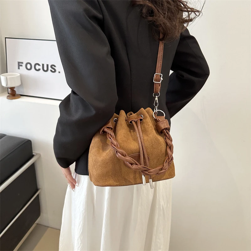 Fashion Drawstring Solid Color Large Capacity Single Shoulder Bucket Bag