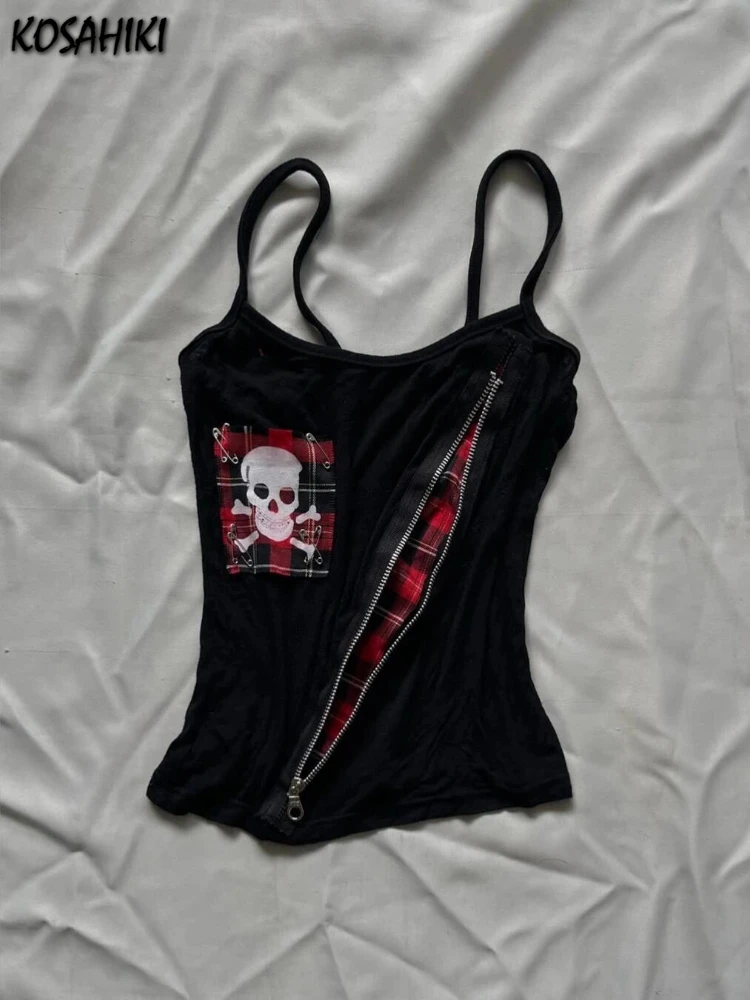 اليابانية الجمجمة الطباعة الدبابات Y2k الجمالية منقوشة المرقعة المرأة سستة تانك القمم Harajuku عارية الذراعين خمر مثير الشرير بروتيل #1