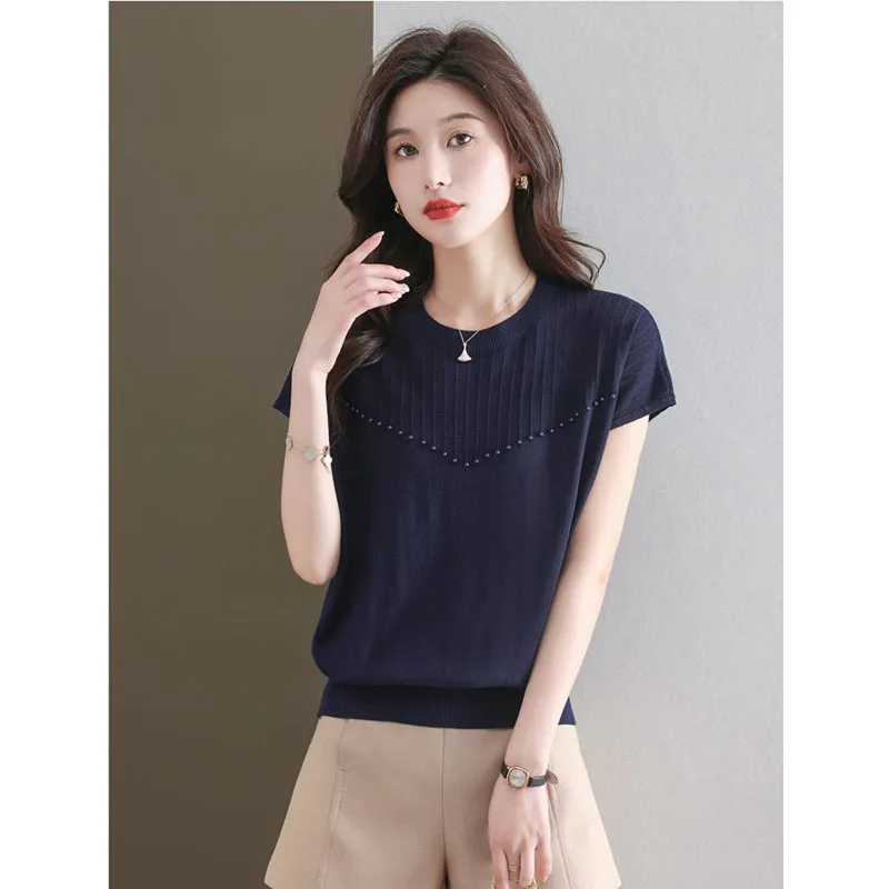 Ladies' Loose Short Sleeves 2024 New Summer Fashion Knit Top Loose Cover Meat round Neck Comfortable Solid Color Simple T-Shirt