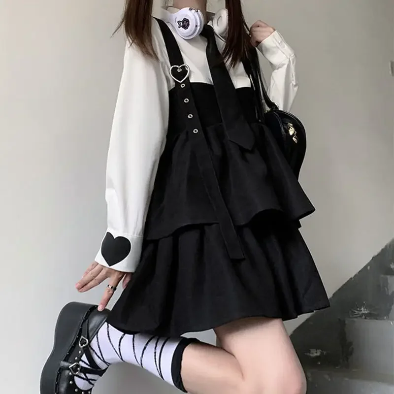 

HOUZHOU Kawaii Black Lolita Dress Women Ruffle Layered Japanese Sleeveless Strap Cute Mini Dress Preppy Style School Sundress