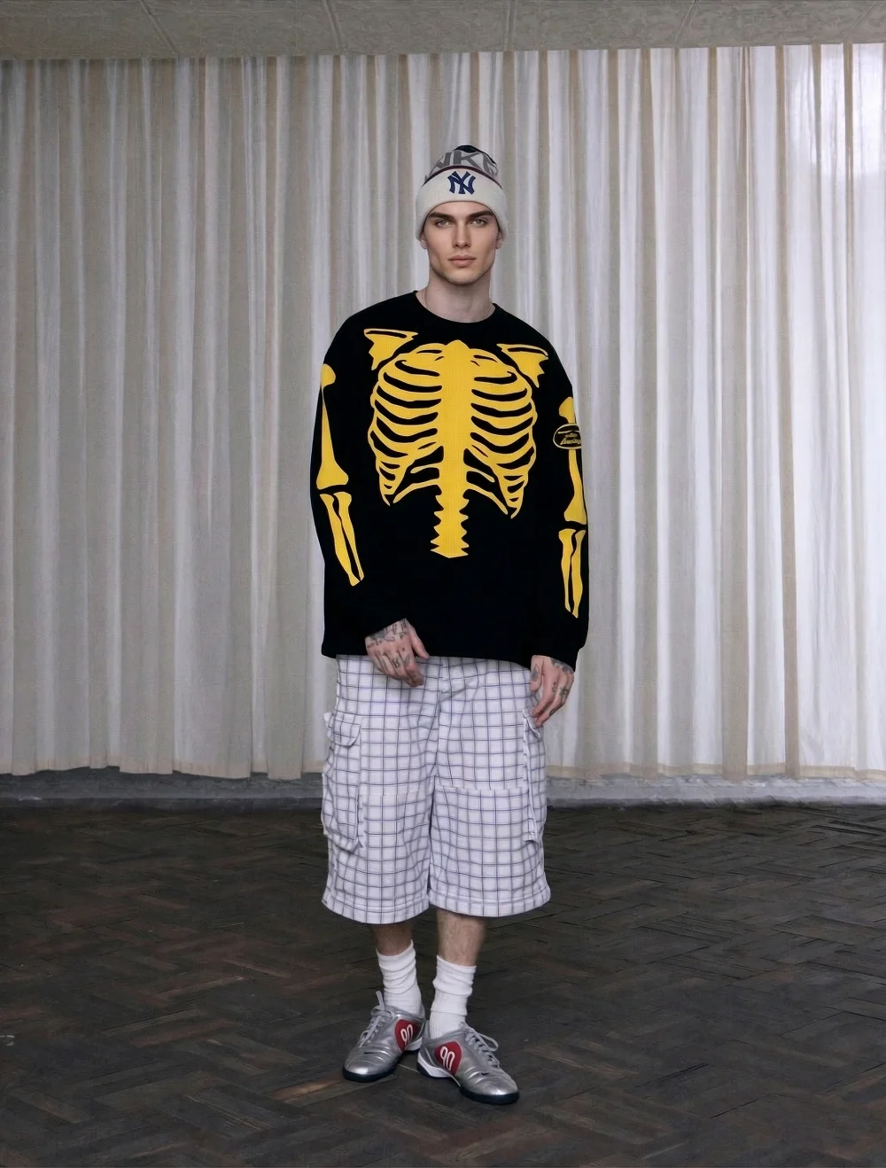 

HA7MS VA Long Sve T-irt Hoodie Loose Fit Street Sle Couple Match Spring Cotton Polyester round Ne Skeleton Print