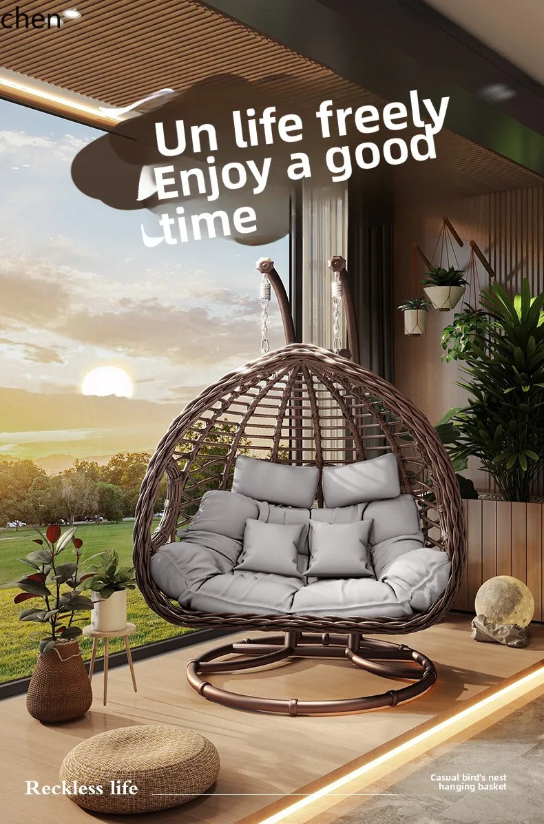 HT في الهواء الطلق أرجوحة معلقة كرسي فناء مزدوج كرسي معلق شرفة أرجوحة الروطان هزاز #3