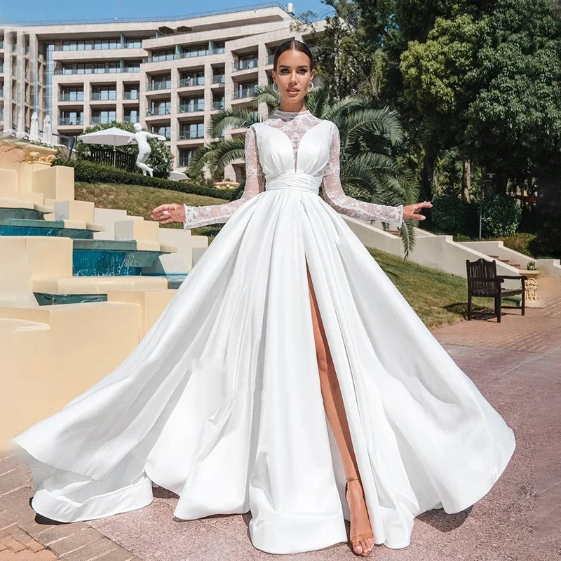 

Charming O-Neck Lace A Line Wedding Dresses 2024 Ruched Satin High Slit Long Sleeves With Pearls Bridal Gowns Robe De Mariée