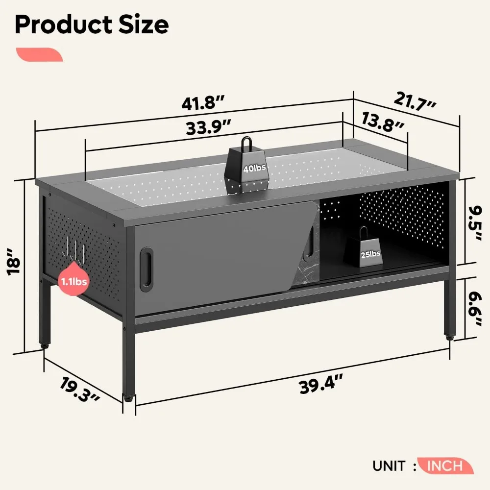 Bestier-Mesa de café LED preta com vidro de armazenamento, mesas de café com portas deslizantes, mesa central, Fr, 42 em