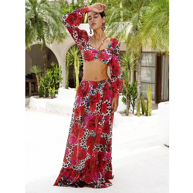 2024 Long Sleeves Leopard rose Print High Waist Bikini Swimwear Women Vacation Clearance Wholesale