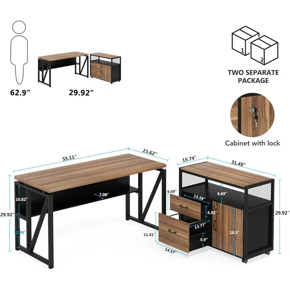 55-inch L Shaped Desk with Drawer Cabinet, Executive Computer Desk and lateral File Cabinet, 2 Piece Home Office Furniture