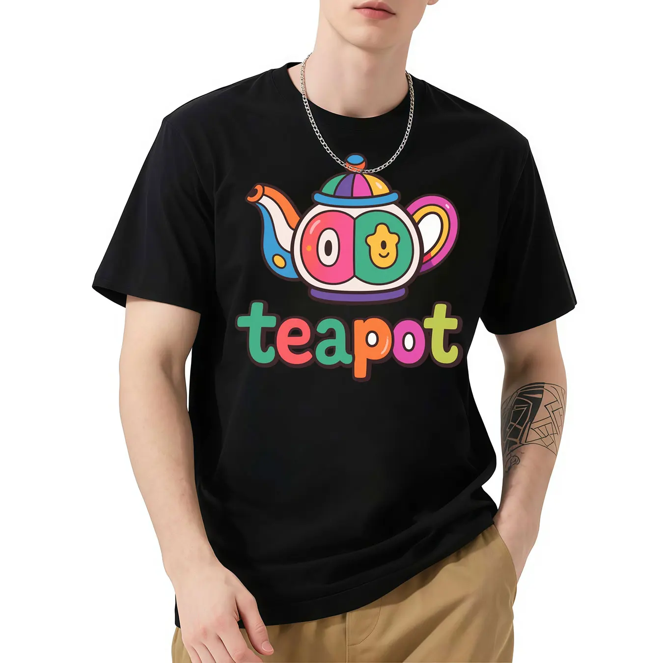 

Teapot Graphic T - Shirt, Short Sleeve, Cute and Colorful Teapot Print, Unique Design, Ideal for Tea Lovers