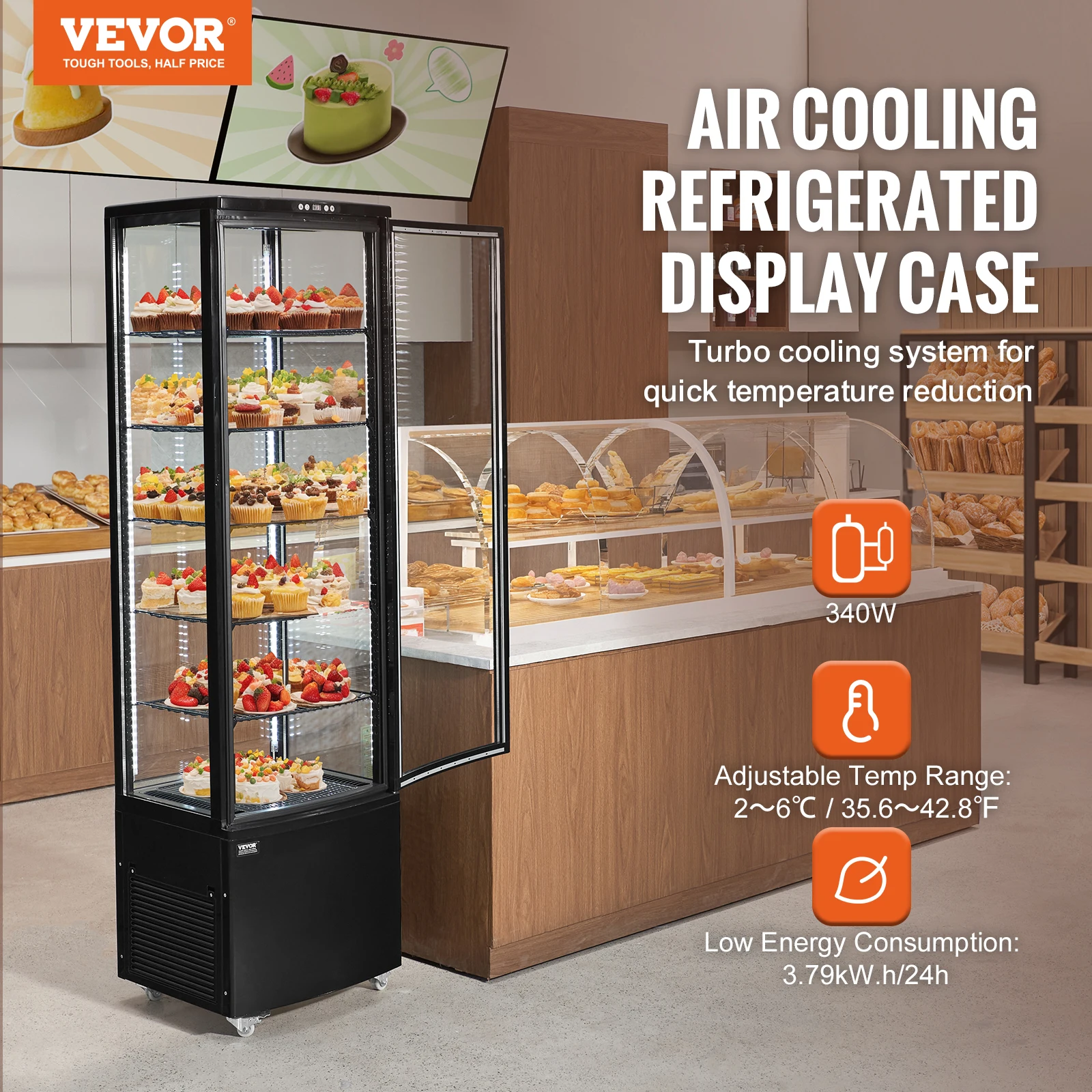 VEVOR 3.5/4.2/5/9.8 cft Refrigerated Display Case Large Commercial Pastry Display Refrigerator with LED Lighting for Bakery