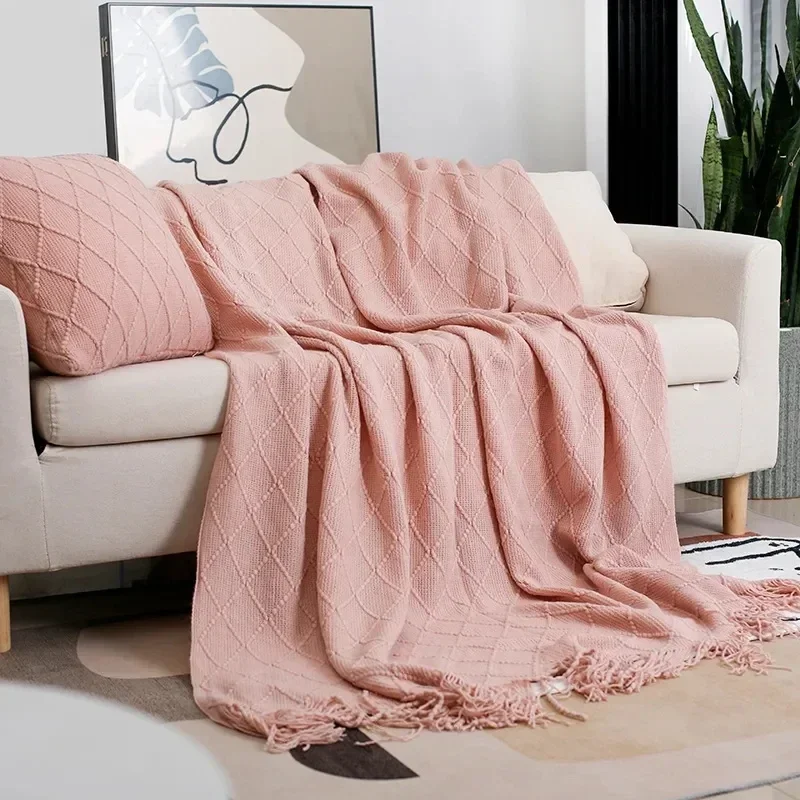 

Knitted Throw Blanket for Sofa Couch Super Soft Decorative Blanket for Bed Living Room Solid Chair Tassels Blankets Bedspread