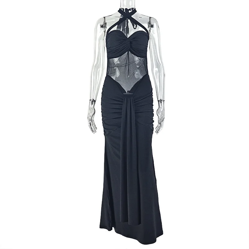 Backless Halter Bodycon Dress Women Ruched Wrap Tube Midi Club Party Summer Solid Black Sexy Night Out Cocktail Party Beach view 2