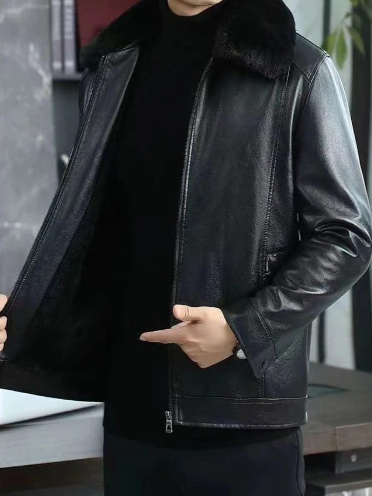 Men's Autumn Fleece Lined Thickened Leather Jacket Middle Aged Elderly Unisex Coat with Detachable Hood Warm Durable Outerwear