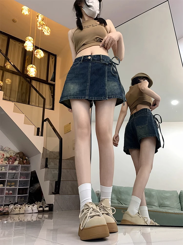 กระโปรงยีนส์ทรงเอเอวสูงแบบมีเข็มขัดสไตล์เรโทรสำหรับผู้หญิง ไซส์เล็ก ใส่สบาย ป้องกันแสง กระชับสัดส่วน เหมาะสำหรับฤดูร้อน