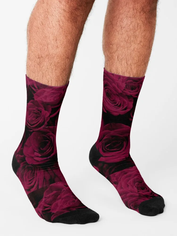 Calcetines románticos de bambú para hombre y mujer, medias divertidas con diseño de rosas rojas oscuras, color Burdeos