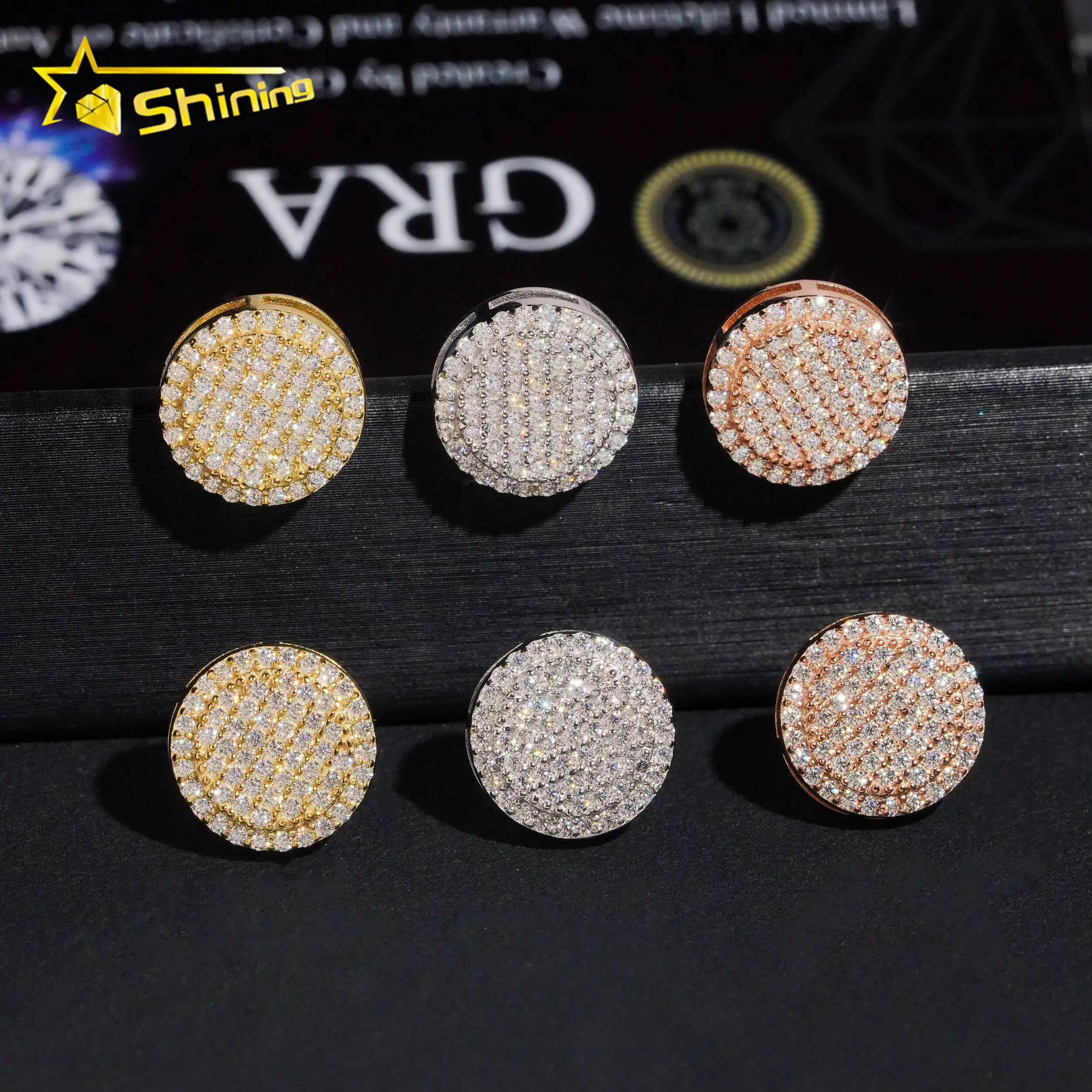

Pass Diamond Test 12mm Men's Earring Gold Plated 925 Sterling Silver Iced Out VVS Diamond Moissanite Screw Back Stud Earrings