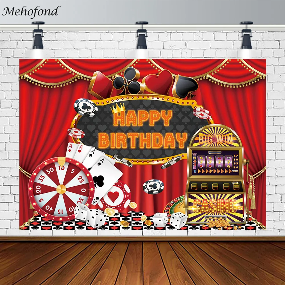 

Casino Themed Backdrop Happy Birthday Playing Cards Chips Lottery Dice Red Curtain Decor Background for Photography Photo Studio