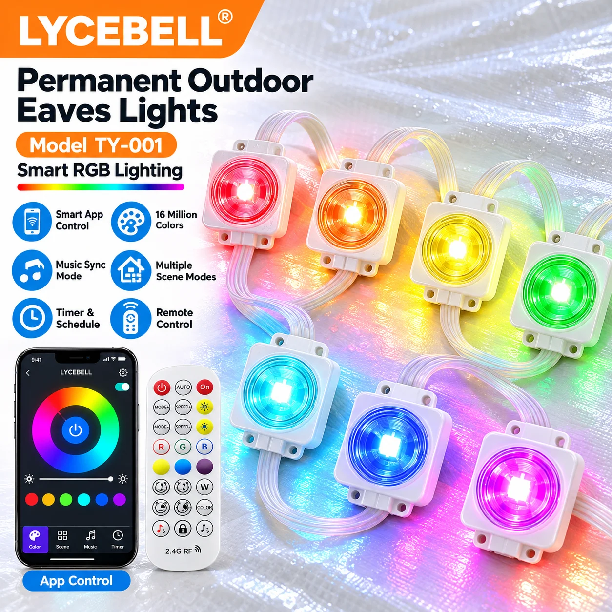 HoldPeak RGBIC Permanent Outdoor Eaves Lights Smart APP Music Sync Timer DIY IP67 16M Colors for Roof Patio Halloween