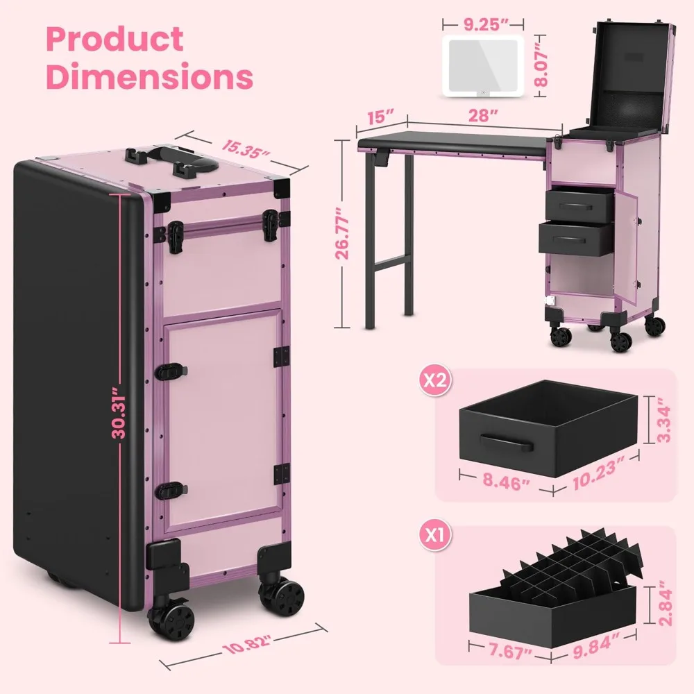 Rolling Portable Manicure Table with 2 Drawers, Mirror & Nail Polish Organizer, Lockable Makeup Train Case with Foldable Nail