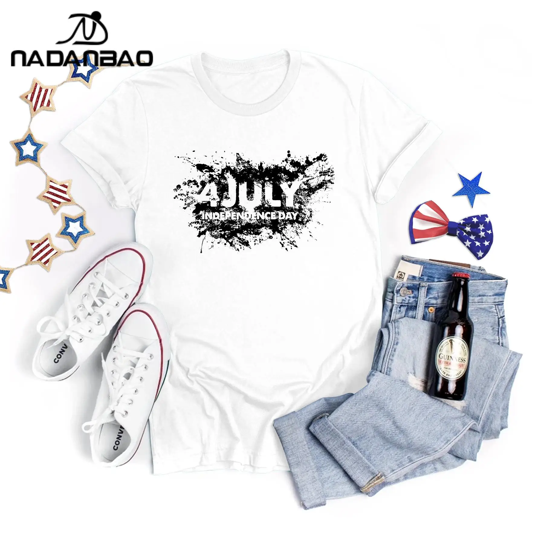 Nadanbao T-shirt grafiche con lettere USA per donna T-shirt estiva a maniche corte con stampa patriottica bianca Abbigliamento casual per le vacanze