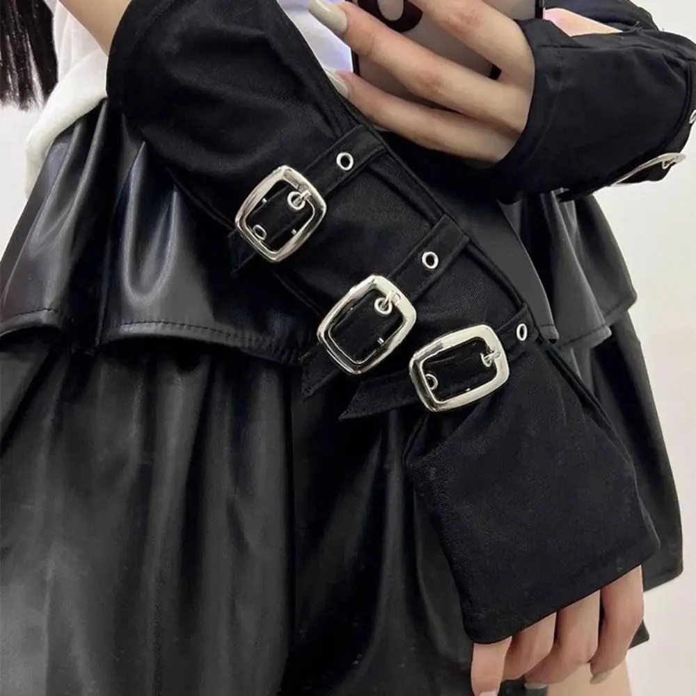 Black Fingerless Gloves Gothic Buckle Design Metal Button Gloves Exaggerated Hip Hop Party Punk Style Elbow Gloves Street Dance