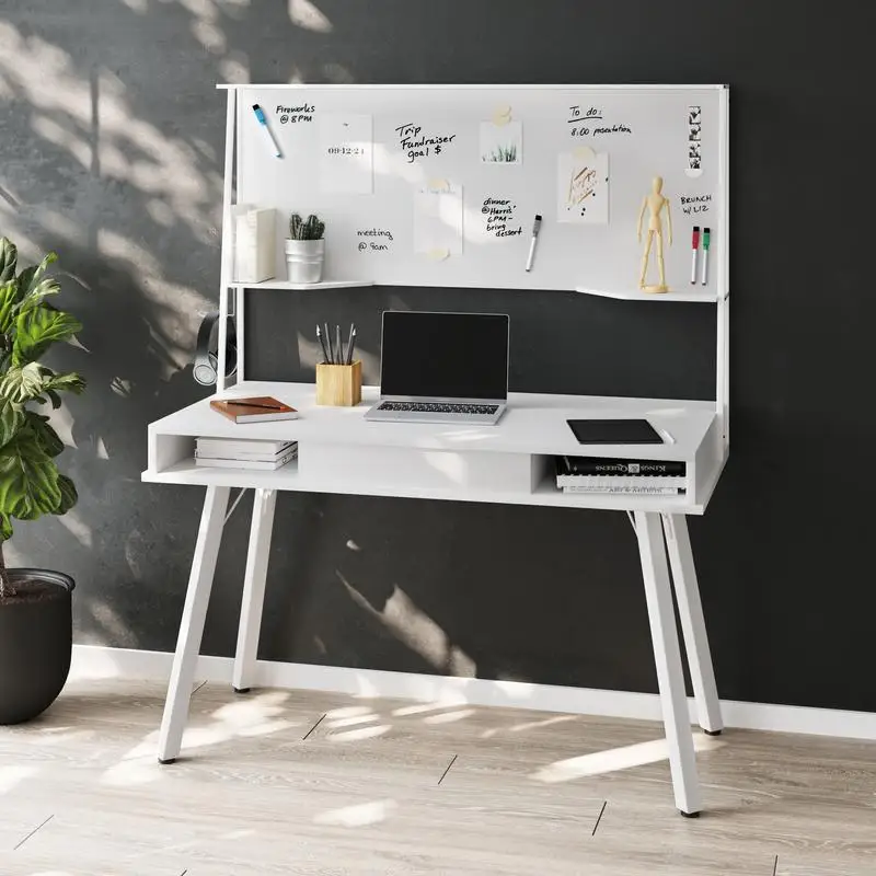 Study Computer Desk with Storage & Magnetic Dry Erase Board - White Finish