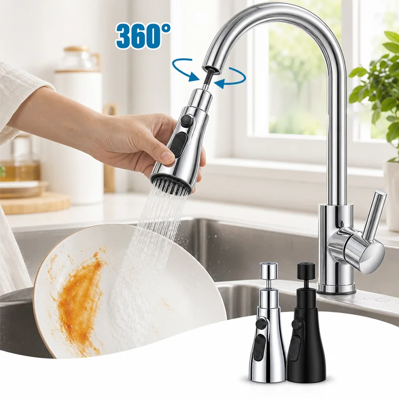 360 Rotate Kitchen Faucet Universal  3 In 1 Extender Pull Out Kitchen Tap Multi-mode Strong Flushing Booster Kitchen Accessorie