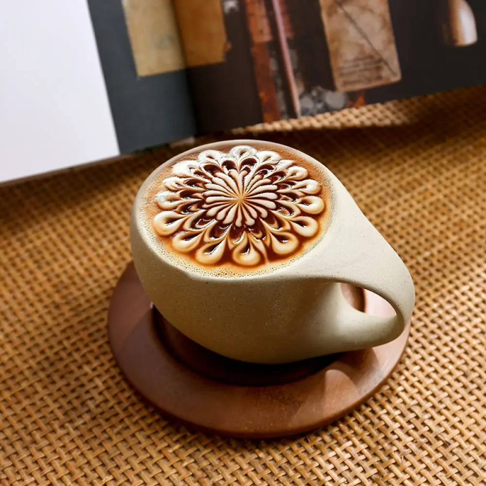 Minimalist Rough Pottery Crescent Cup With Wooden Tray Artistic Zen Style Ceramic Mug Handmade Tea Latte Cup For Daily Use