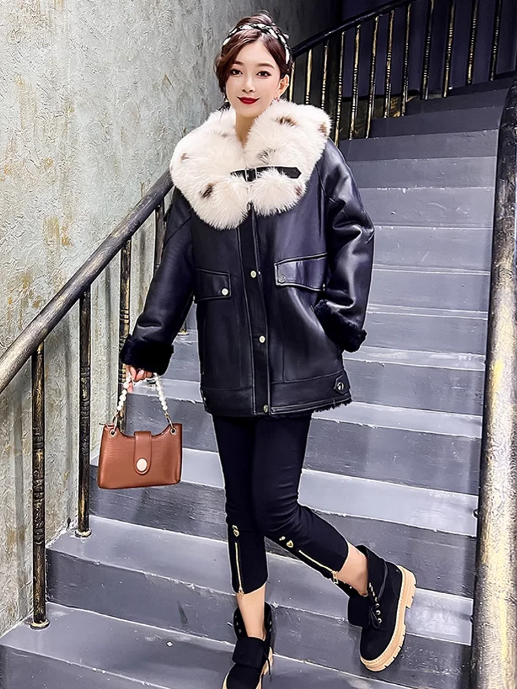 Winter Women Real Fox Fur Collar Sheepskin Genuine Leather Jacket Warm Real Wool Lining Coat Mid Long Natural Sheep Fur Overcoat