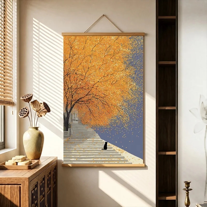 Wall Art Golden Autumn Trees and Solitary Walkers, Warm Seasonal Pearlescent Canvas Wall Hanging Scroll for Reading Nook Decor