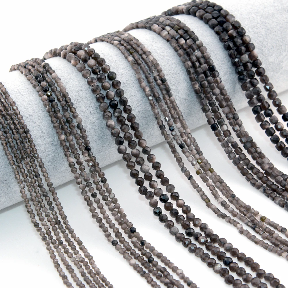 Natural Silver Sheen Obsidian Faceted Round / Cube Beads 2mm,3mm,4mm,Fine Jewelry Making Natural Gemstones DIY Necklace