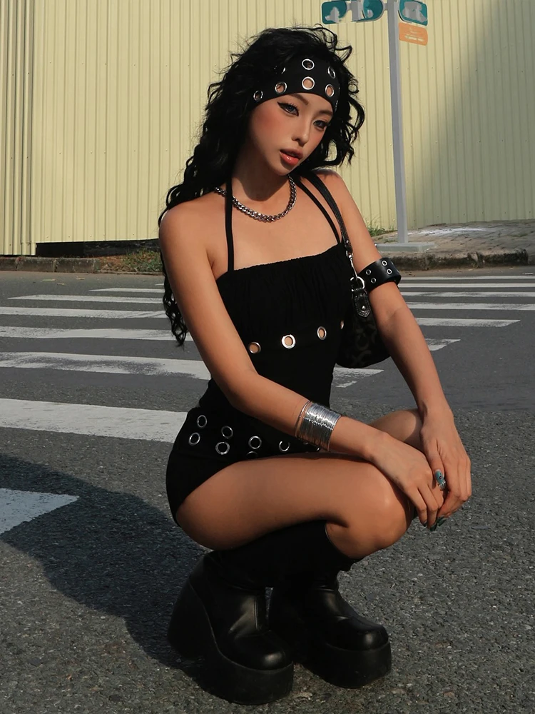 Nibber Creux Hipster Femmes Y2K 2 Pièce Ensemble Métal Ruché Patchwork Camisole + Shorts Correspondant Streetwear Tendance Sexy Tenues