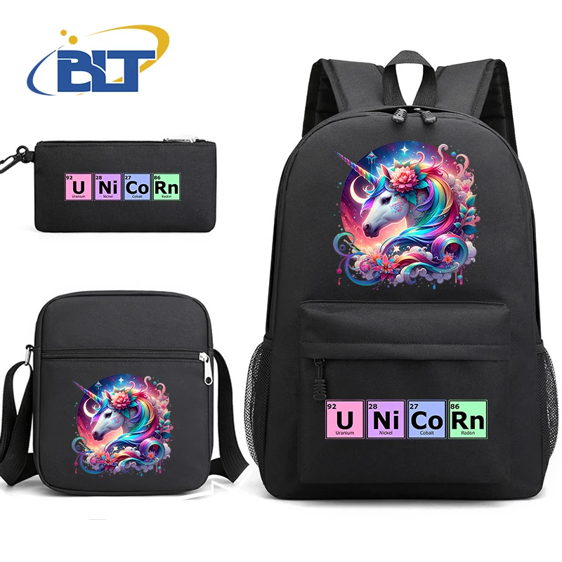 Cute unicorn print student school bag set youth backpack shoulder bag pencil case 3-piece set kids back-to-school gift