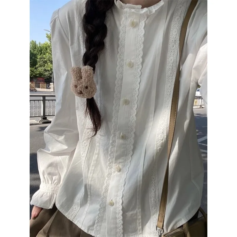 

QWEEK Lolita Women's White Shirts Youthful Kawaii Korean Style Sweet Blouse Japanese Long Sleeve Solid Color Clothes Autumn