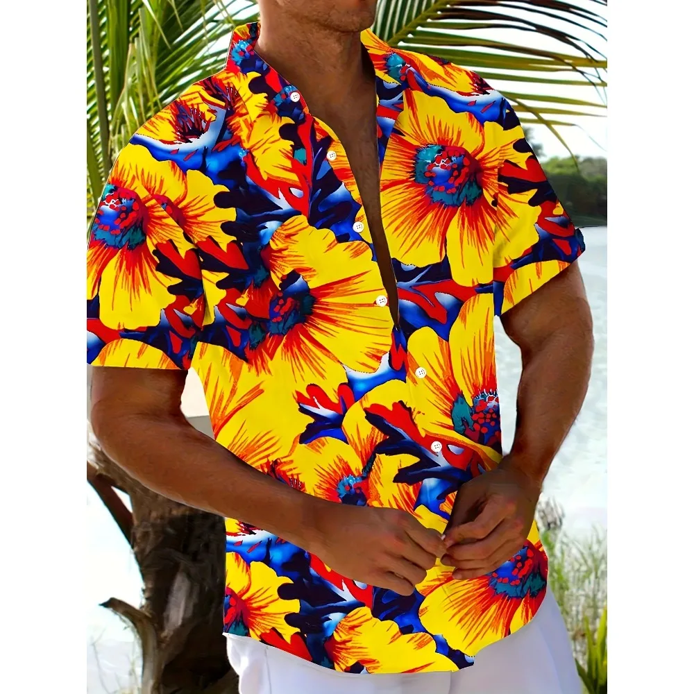 Floral hand-painted print men's button-down short-sleeved shirt tropical vacation style eye-catching color blocking