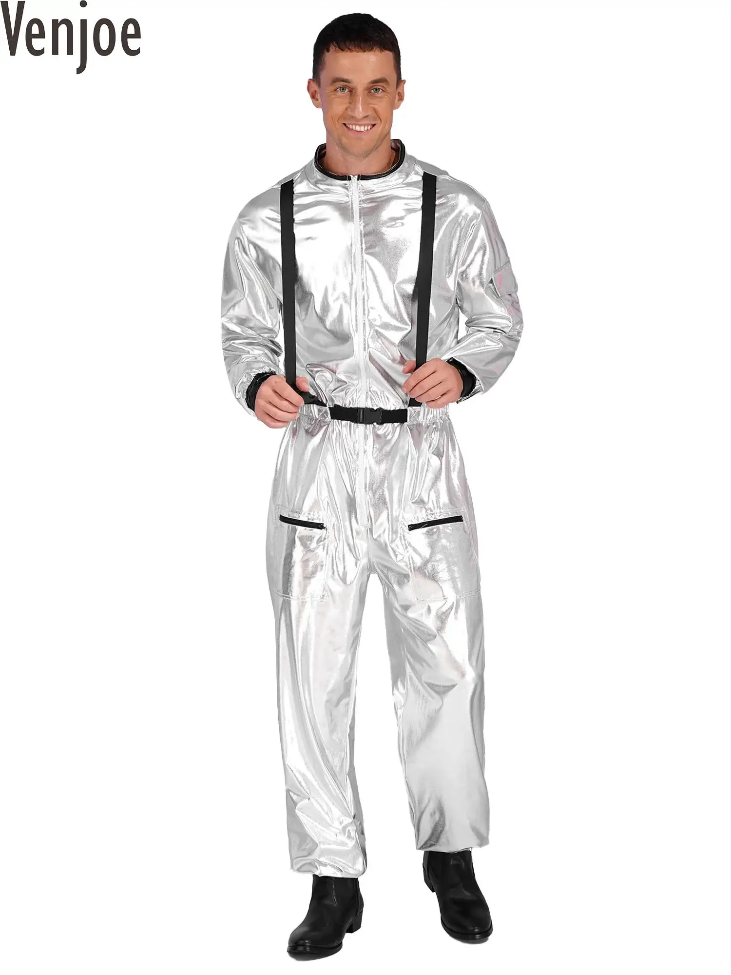 Men Halloween Astronaut Cosplay Costume Metallic Shiny Silver Spaceman Outfit Long Sleeve Jumpsuit Bodysuit Carnival Space Suit