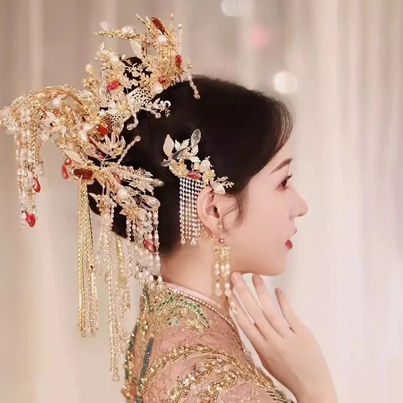 Rich Retro Chinese Vintage Bridal Headdress Hair Crown Wedding Stage Show Accessories Costume Xiuhe Dragon and Phoenix Jewelry