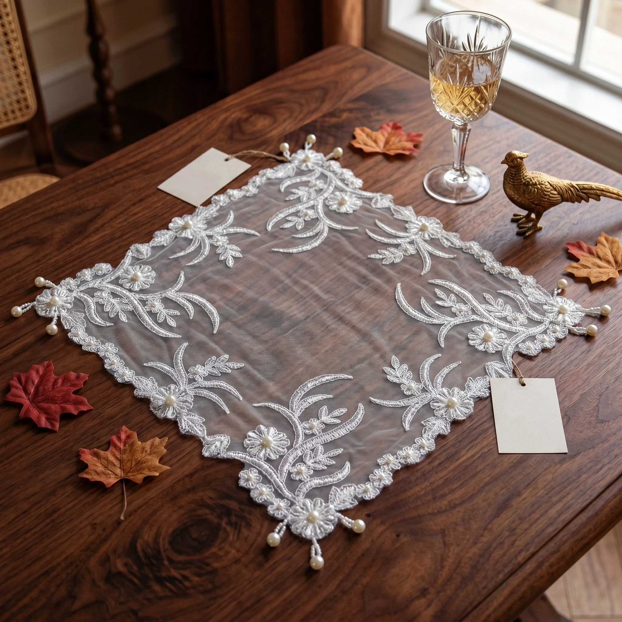 Set Of 4pcs Elegant Embroidery Breakfast Placemats White Lace Wedding Napkins Pearl Decoration Multifunctional Cover Cloth view 2