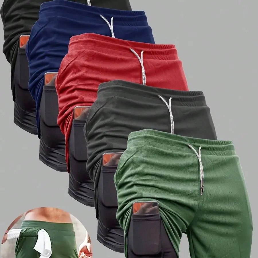 5pcs Summer Men'S Shorts Outdoor Sports Pants Beach Shorts 2In1 Quick-Dry Double-Layer Shorts Casual Sports Elasticity 5-Point