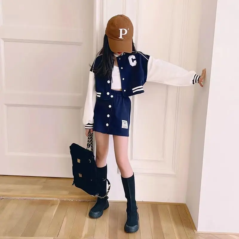 

Girls' Clothing Spring and Autumn Sports Set 2023 New Baseball Uniform Jacket Short Skirt Two-piece Korean Children's Set