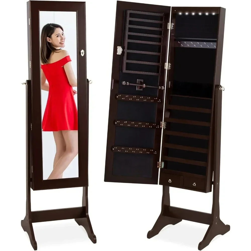 6-Tier Full Length Standing Mirrored Lockable Jewelry Storage Organizer Cabinet Armoire w/ 6 LED Interior Lights,Velvet Lining