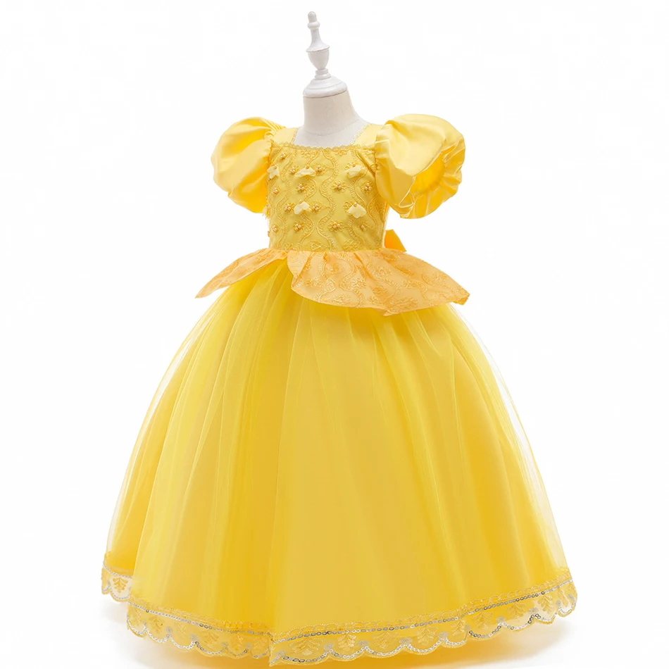 Disney Princess Belle Dress Girls Party Halloween Costume Children Christmas Birthday Flower Beauty and The Beast Fancy Disguise