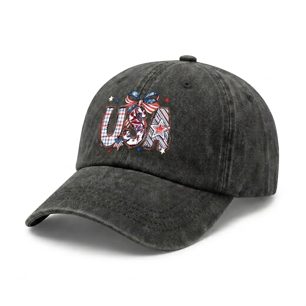 Vintage Washed Patriotic USA Bow Graphic Baseball Cap, Adjustable Unisex Dad Hat for Men and Women