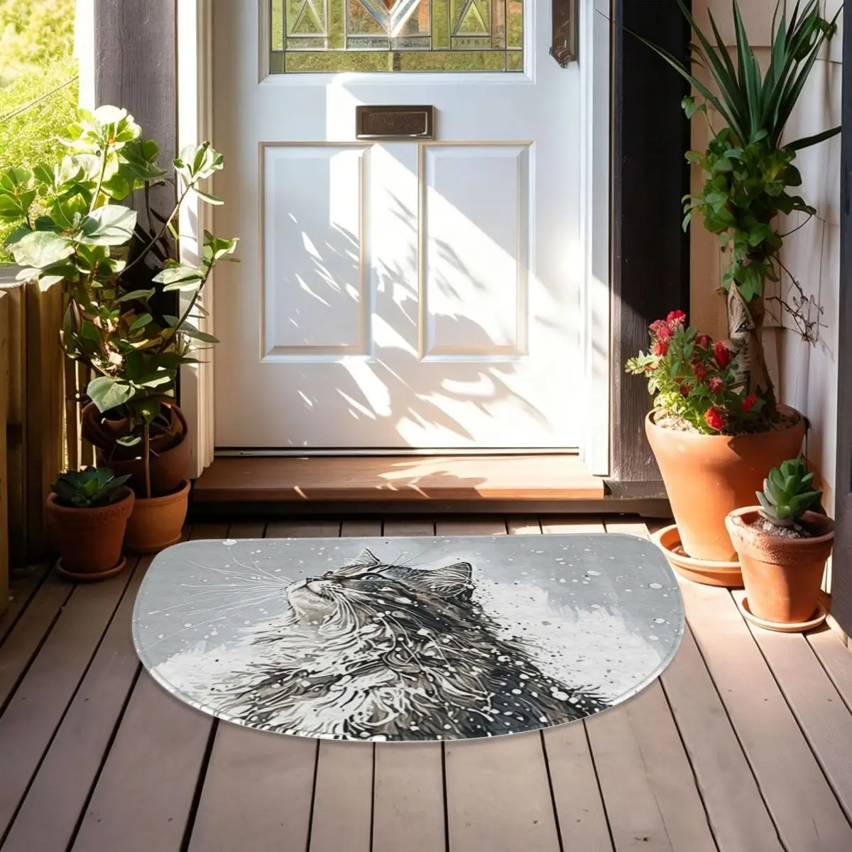 Cute Kitten Looked Up At The Snow Soft Flannel Half Round Doormat Non Slip Bathroom Mat Absorbent Floor Carpet for Laundry Room