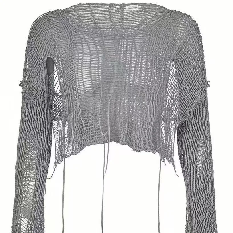 Y2k Abgeschnitten Loch Pullover Sexy Gyaru Aushöhlen Stricken Pullover Goth Koreanische Langarm Jumper Sommer Mode Sheer Strickwaren Tops
