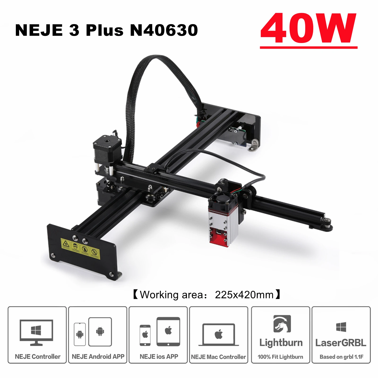 neje plus n40630 40w cnc maquina de gravura a laser impressora cortador de madeira com assistencia de ar autoc 32 bits dupla mcu lightburn lasergrbl 01