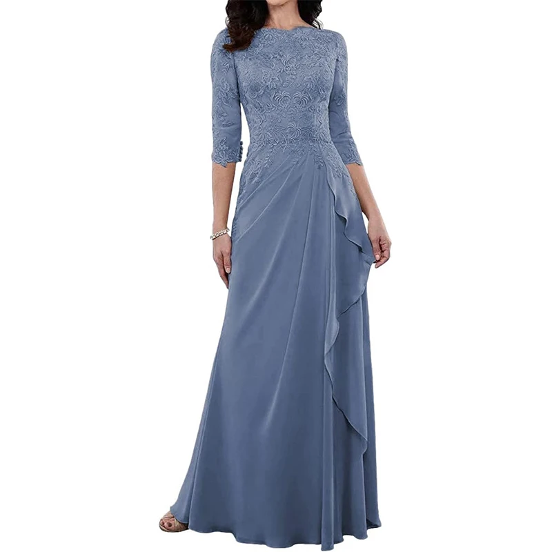 

Mother of The Bride Dresses-Long Evening Formal Dress 3/4 Sleeve Lace Applique Ruffles