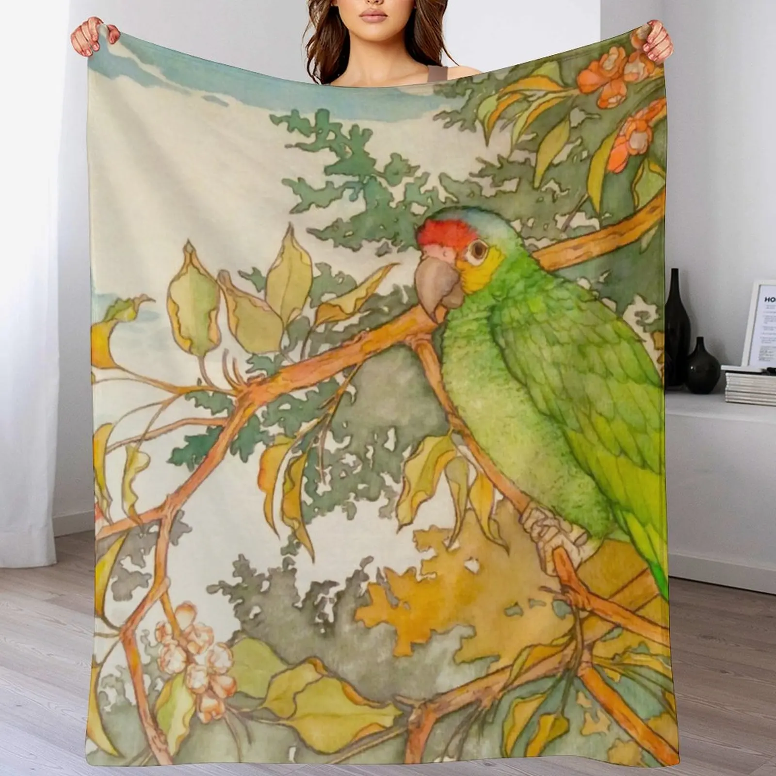 Red Lored Amazon Parrot Watercolor Throw Blanket