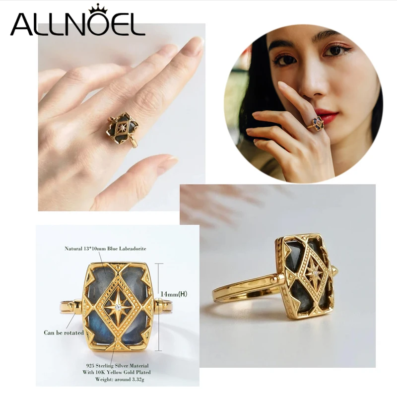 ALLNOEL Vintage 925 Sterling Silver Natural Labradorite Ring Pendant Earring Fashion Jewelry Christmas Party Gift Accessories