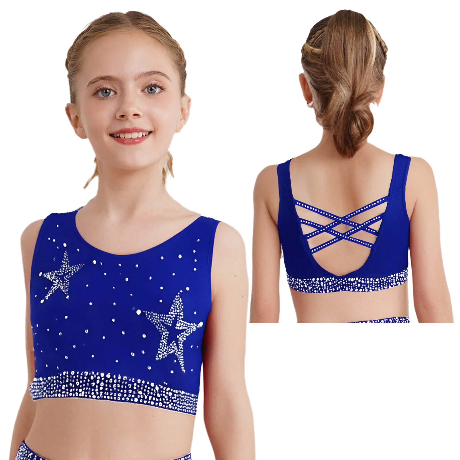 

Girls Shiny Rhinestones Gymnastics Dance Costume U Neck Crisscross Back Cropped Vest for Practice School Show Workout Wear